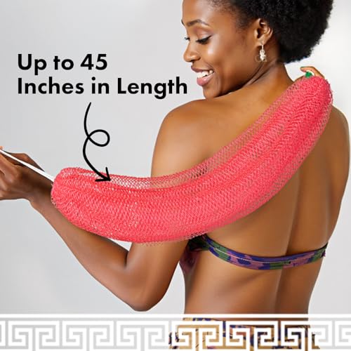 Bathway African Net Sponge Authentic with Handles (Set of 2), African Exfoliating Net Sponge, Exfoliating Body Scrubber Bath Sponge - Bathing Accessories with Storage Bag (Rose & Bright Yellow) - color: Rose & Bright Yellow