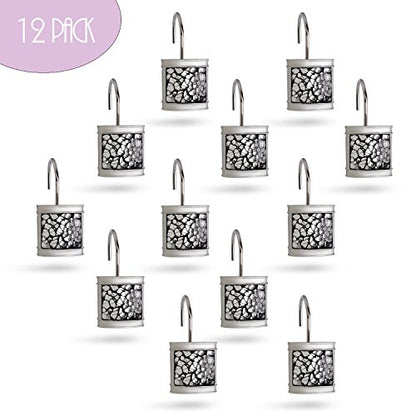 Creative Scents Silver Shower Curtain Hooks Decorative | Set of 12 | Crackled Glass Shower Curtain Rings - style: Shower Curtain Hooks