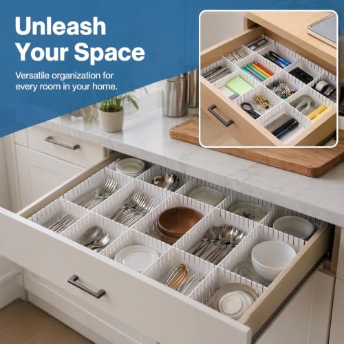 24 Pack Drawer Organizer Dividers, Adjustable DIY Storage Separator for Tidying Clutter Cutlery Underwear Socks Clothes Dresses Desk & Box in Kitchen Bathroom Bedroom Office (Cut at Will)