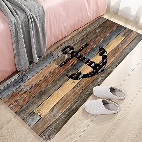 LYFANS Bath Rugs Sponge Foam Absorbent Soft for Bathroom and Kitchen (71 x 24 inches),Flannel Mat Non Slip Bright 3D Print for Bedside and Living Room(Old Wooden Plank Anchor) - color: Old Wooden Plank Anchor, size: 71 x 24 inches