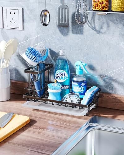 Consumest Sink Caddy, Kitchen Sponge Holder with Dish Brush Holder, Kitchen Sink Organizer with Drip Tray for Countertop Stainless Steel Rustproof, Black-Large - color: Black-l
