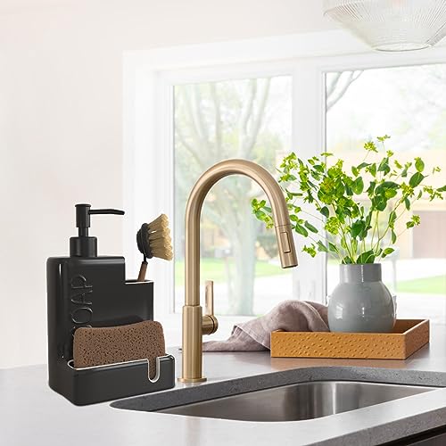 Soap Dispenser with Sponge Holder and Brush Holder, Ceramic Dish Soap Dispenser Pump, 3 in 1 Liquid Hand Soap Organizer with Funnel for Kitchen Sink Countertop, Matte Black