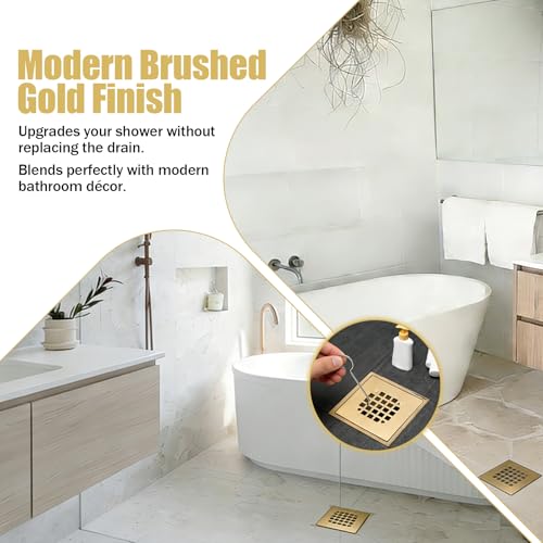 42361 Shower Drain Cover for Oatey 130 Series, 4-1/4" Brushed Gold | Snap-In Square Shower Drain Strainer Helps Prevent Hair Clogs, Improves Drainage & Refreshes Bathroom Floor Drain Appearance