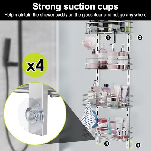 Orimade Over the Door Shower Caddy Adjustable 5 Tier Silver Grey,Bathroom Hanging Organizer Shelf Rustproof with 4 Hooks,Shower Basket with Soap Holder and Suction Cup - color: Silver Grey-5T