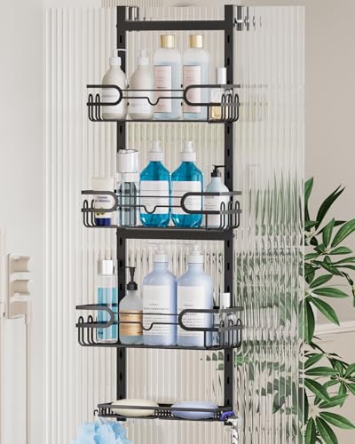 Consumest Over The Door Shower Caddy - 4 Tier Adjustable Hanging Shower Organizer Shelf with 2 Soap Holders & 22 Hooks, Rustproof Easy Installation Hanging Storage Rack for Bathroom, Black - color: Black, size: 4-tier