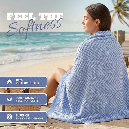 White Classic Cotton Beach Towels Oversized 35 x 70 Inches, Ultra Absorbent and Low Lint Luxury Pool Towels, Chevron Design, Light Blue, 2 Pack - color: Chevron Light Blue
