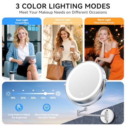 Auxmir 9″ 5000mAh 1X/30X Wall Mounted Lighted Magnifying Makeup Mirror | Power Adapter&2 Tweezers Included/ 3 Dimmable Colors/ Dual Sided Button Control/ Rechargeable/ 360° Rotation Extended Arm - color: 9'' 30x-chrome+adapter