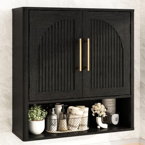 RUSTOWN Fluted Bathroom Wall Cabinet with Arched Doors & Rounded Edges | Over The Toilet Storage Cabinet with Adjustable Shelf, Mid Century Modern Medicine Cabinets, Laundry & Kitchen Shelving Unit - color: Rustic Black