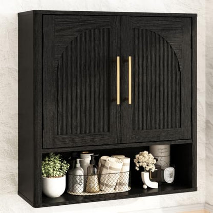 RUSTOWN Fluted Bathroom Wall Cabinet with Arched Doors & Rounded Edges | Over The Toilet Storage Cabinet with Adjustable Shelf, Mid Century Modern Medicine Cabinets, Laundry & Kitchen Shelving Unit - color: Rustic Black
