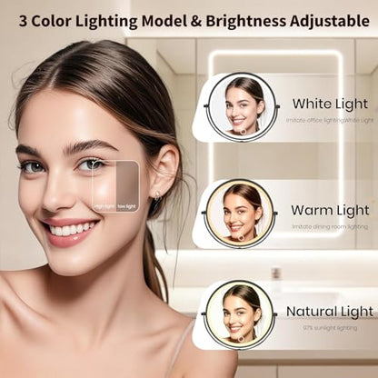 8.5" Wall Mounted Lighted Makeup Mirror, 3000 mAh Rechargeable Double-Sided 1X 10X Magnifying Mirror, 3 Color Lighting, Touch Screen Dimming, Extended Arm 360 Rotation Bathroom Mirro, Black - color: Black Wall-mounted