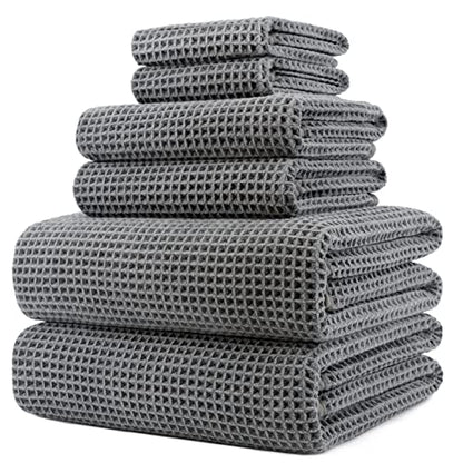 POLYTE 430 GSM Poly Blend Microfiber Quick Dry Waffle Bath Towel Set of 6 | 2-Body Towels, 2-Hand Towels, 2-Wash cloths, Oversize, Lint Free - color: Gray