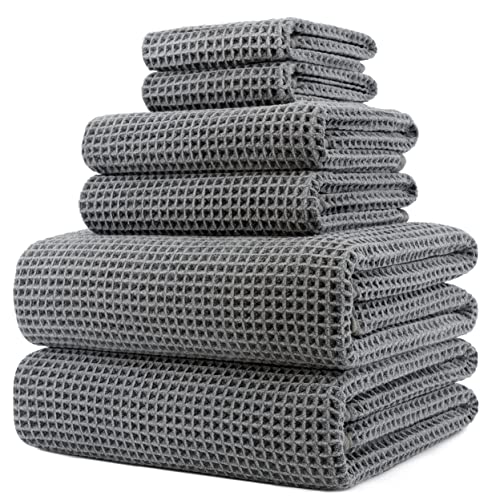 POLYTE 430 GSM Poly Blend Microfiber Quick Dry Waffle Bath Towel Set of 6 | 2-Body Towels, 2-Hand Towels, 2-Wash cloths, Oversize, Lint Free - color: Gray