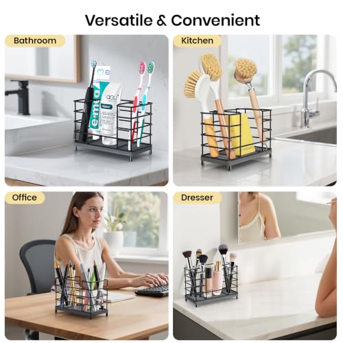Toothbrush Holder with Quick Drying Mat—Toothbrush and Toothpaste Holders for Bathrooms—5 Slots Openwork Design Black Toothbrush Holder Set,Bathroom Counter Organizer for Electric Toothbrush - size: Large