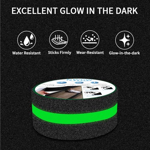 Glow in Dark Anti Slip Tape, 2" x35FT Heavy Duty Waterproof Safety Grip Tape for Stairs, Pool, Bathroom - Black & Glow Stripe Indoor/Outdoor Multi-Purpose Traction Tape - size: 2 Inch x 35 Feet