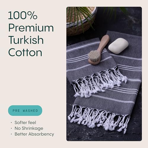 WETCAT Turkish Hand Towels with Hanging Loop, Set of 2 (20" x 30") 100% Turkish Cotton, Pre-Washed, Quick Drying, for Kitchen or Bathroom - Black - color: Black