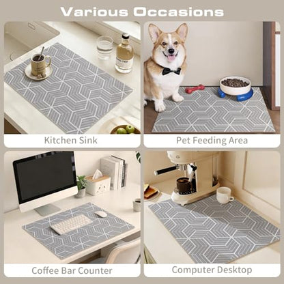 Absorbent Kitchen Counter Mat Fast-Drying Cuttable Coffee Mat Geometric Design for Kitchen Bathroom Pet Feeding Area(Hexagon Grid,Gray)