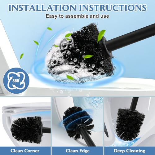 Stainless Steel Toilet Brush,Toilet Bowl Brush and Holder Set,Scratch Resistant Stainless Steel Toilet Brush with Long Handle,Toilet Cleaners with Replacement Head & Removable Inner Bowl,Space Saving - color: Black-set2