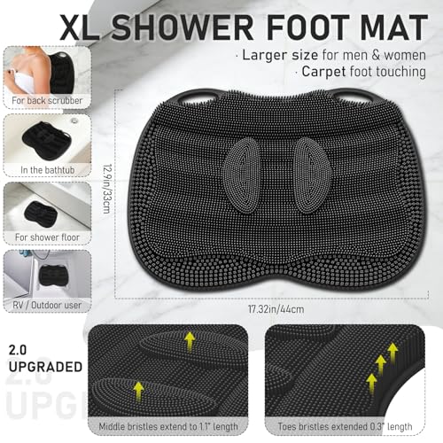 XL Shower Foot Scrubber Mat in Shower with Non-slip Suction Cups | Silicone Feet Toes Deep Clean Exfoliating Massage Brush without Bending, Use in Bathtub Floor Bathroom Safe 17.4*13.4" Black - color: 17.4*13.39" Black