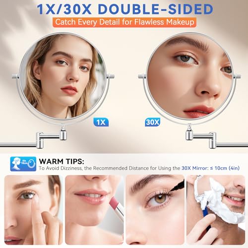 Auxmir 8" Double-Sided Wall-Mounted Makeup Mirror, 1X/30X Magnifying Mirror | stainless steel, 13-inch extendable swivel arm, 360°shaving rotation, bathroom makeup mirror, tweezers, Chrome - color: Chrome-1x/30x