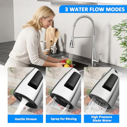 MILD EAST Kitchen Faucet Head Replacement, Premium 3-Function Pull Down Spray Head with 9 Universal Adapters, Sink Faucet Head compatible with Moen, American Standard Faucets, Brushed Nickel