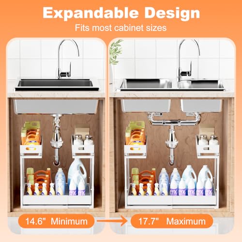 Upgrade 1 Pack Expandable Under Sink Organizer: 2-Tier Pull Out Cabinet with 3 Heavy-Duty Ball-Bearing Slide Rails, Tool-Free Height Adjustable, Slide-Out Drawers for Kitchen, Bathroom, Laundry - size: 1 Pack 15”-25”