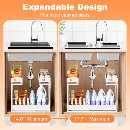 Upgrade 1 Pack Expandable Under Sink Organizer: 2-Tier Pull Out Cabinet with 3 Heavy-Duty Ball-Bearing Slide Rails, Tool-Free Height Adjustable, Slide-Out Drawers for Kitchen, Bathroom, Laundry - size: 1 Pack 15”-25”