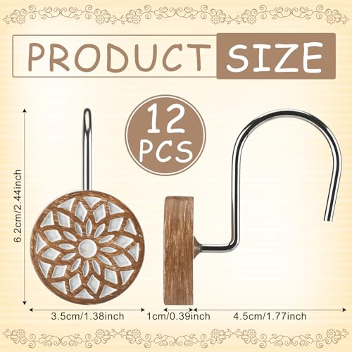 BreezeHug 12pcs Boho Shower Curtain Hooks Decorative Shower Curtain Hangers for Bathroom Rod Resin Round Rings with Brown Floral Pattern, Waterproof - style: Geometry