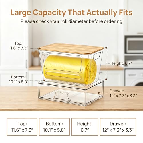 Trash Bag Dispenser Under Sink Organizer, Plastic Garbage Bag Holder with Bamboo Lid, Stackable Container for Dishwasher Pods & Laundry Pods, Kitchen Cabinet Pantry Laundry Room Organization Storage.