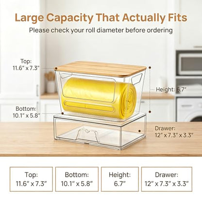 Trash Bag Dispenser Under Sink Organizer, Plastic Garbage Bag Holder with Bamboo Lid, Stackable Container for Dishwasher Pods & Laundry Pods, Kitchen Cabinet Pantry Laundry Room Organization Storage.