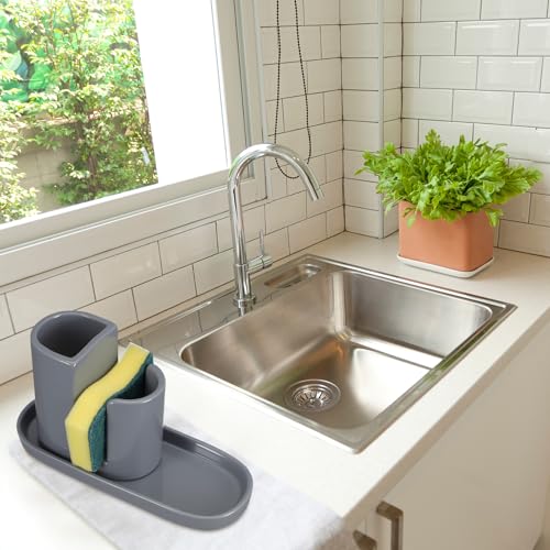 3 in 1 Ceramic Kitchen Sink Caddy Dish Sponge Holder Scrub Brush Holder and Soap Tray for Kitchen Organizer Rustic Farmhouse Supplies (Gray) - color: Gray