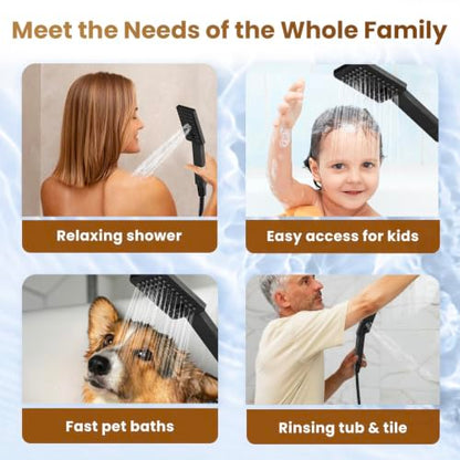 BRIGHT SHOWERS Rain Shower Head with Handheld Spray, High Pressure Square Showerhead Combo with Rainfall & Handheld, Detachable Dual Shower with Anti-Clog Nozzles, 60" Hose, Matte Black - color: Matte Black, style: Dual Shower Head