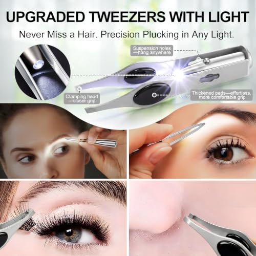 LED Lighted Tweezers & 40X Magnifying Mirror with Suction Cup Set, 2 in 1 No-Hands Makeup Mirror with Light and Precision Light Up Tweezers(Silver) - color: Silver