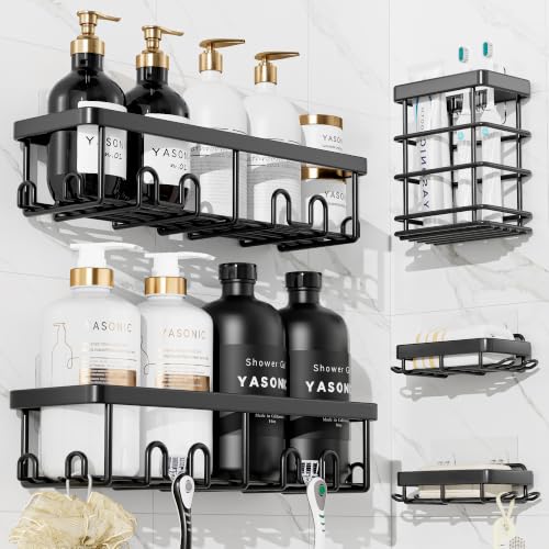 YASONIC Shower Caddy Adhesive, 100% Rustproof Shower Organizer with Soap and Toothbrush Holder, Large Capacity Shower Shelves for Inside Shower, No Drill Shower Storage for Home (5 Pack Black) - color: Black