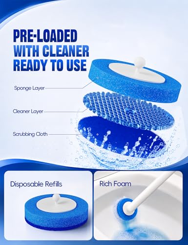 Toilet Brush Kit, Disposable Toilet Bowl Cleaner Brush with Blue Replacement Heads, Press-Button Wand and Self-Closing Freestanding Holder (Toilet Brush + 63 Refills)