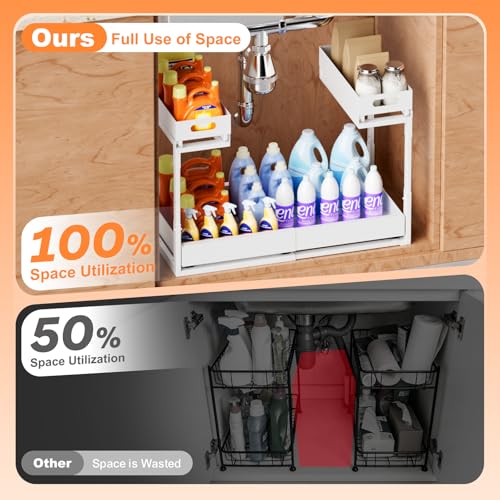 Upgrade 1 Pack Expandable Under Sink Organizer: 2-Tier Pull Out Cabinet with 3 Heavy-Duty Ball-Bearing Slide Rails, Tool-Free Height Adjustable, Slide-Out Drawers for Kitchen, Bathroom, Laundry - size: 1 Pack 15”-25”
