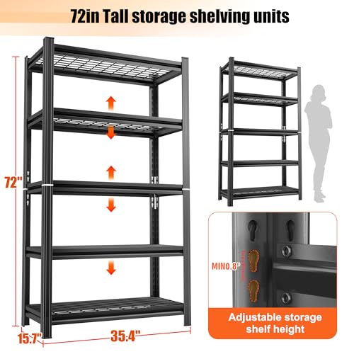 35" Wide 5-Wire Shelving Metal, Storage Shelves 5-Tier, Utility Shelf Rack, Heavy Duty Adjustable, 2000 LBS Capacity, Study and Stable Organizer Rack for Kitchen Pantry Closet, Black, 16" Dx72 H - size: Wire 5 Tier-72"H*36"W*16"D