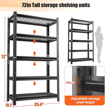 35" Wide 5-Wire Shelving Metal, Storage Shelves 5-Tier, Utility Shelf Rack, Heavy Duty Adjustable, 2000 LBS Capacity, Study and Stable Organizer Rack for Kitchen Pantry Closet, Black, 16" Dx72 H - size: Wire 5 Tier-72"H*36"W*16"D