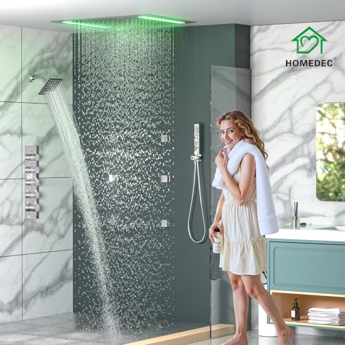 HOMEDEC LED 14x20" Ceiling and 6" Wall Shower Heads Full Body Shower System, with 4-Way Thermostatic Diverter Valve, Body Sprays and Handheld, Chrome - color: Chrome, style: 4-Way + 1x 6" Top