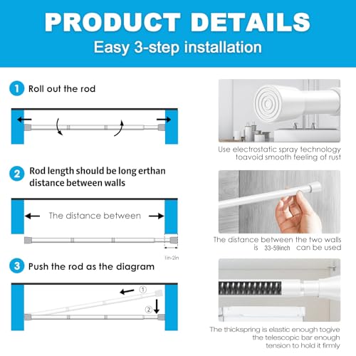 2 Pack Spring Tension Rod, Adjustable 33-59 Inch No Drill, White | 5/8 Inch Diameter Spring Loaded Extendable Tension Curtain Rod, Fits Windows Kitchen Doorway Closet Cupboard - color: White, size: 33-59IN-2P