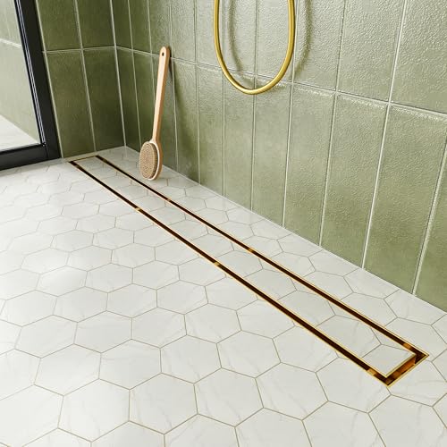 Neodrain 30-Inch Linear Shower Drain-Gold,with Tile Insert Grate | 304 Stainless Steel, Fast Drainage, Rectangle Shower Floor Drain with Leveling Feet & Hair Strainer, Fits Bathroom, Balcony - color: Gold, size: 30 IN