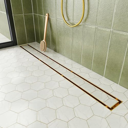 Neodrain 30-Inch Linear Shower Drain-Gold,with Tile Insert Grate | 304 Stainless Steel, Fast Drainage, Rectangle Shower Floor Drain with Leveling Feet & Hair Strainer, Fits Bathroom, Balcony - color: Gold, size: 30 IN
