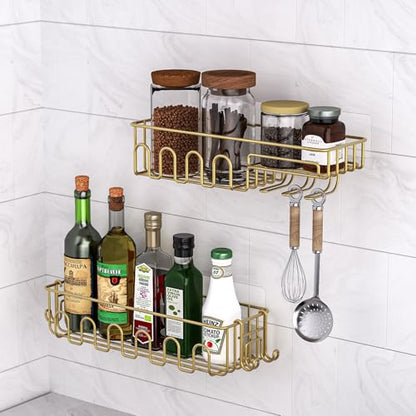 4-Pack Adhesive Shower Caddy, Wall Mounted Bathroom Shelf, Gold | 2 Open Grid Baskets, Drill-Free Adhesive, 2 Detachable Hooks, Rustproof Metal, Ideal Bathroom Kitchen Shelf, Holds 25Lbs - color: Gold