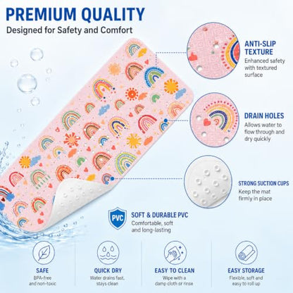 Cinrobiye Bath Mat for Tub Non Slip, 40 x 16 Inch Boho Rainbow Bathtub Shower Mat with Suction Cups and Drain Holes, Waterproof Machine Washable Bathroom Mat - color: Rainbow