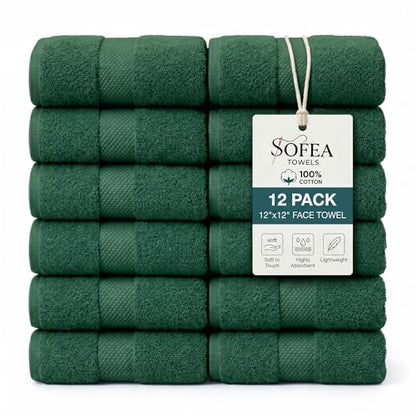 Sofea 100% Cotton Washcloths Set of 12, (12 x 12 Inch) 520 GSM Wash Cloths, Extra Soft Absorbent Quick Dry Face Towels - color: Forest Green