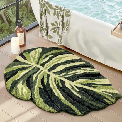 LUMI Cute Bathroom Rug Green Leaf, Absorbent Non Slip Bath Mat, 24"x32" | Dark Monstera Plant, Soft Plush Microfiber, Quick Dry, Washable for Shower Floor, Sink Bathtub, Bedroom, Kids Room - color: Dark Monstera