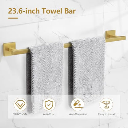 TQKAG 5-Pieces Brushed Gold Bathroom Hardware Accessories Set 23.6" SUS304 Stainless Steel Towel Bar Set Wall Mounted Square Toilet Paper Holder with Shelf - color: Brushed Gold, size: 5-Pieces Set-B