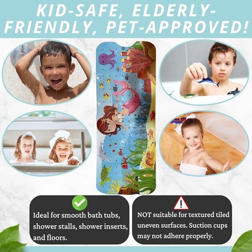 ENKOSI Non-Slip Bath & Shower Mat 40x16 Extra Long, Suction & Drain Holes | Fun mermaid print for kids; Durable PVC; 40x16 in, Mermaid - color: Mermaid Print