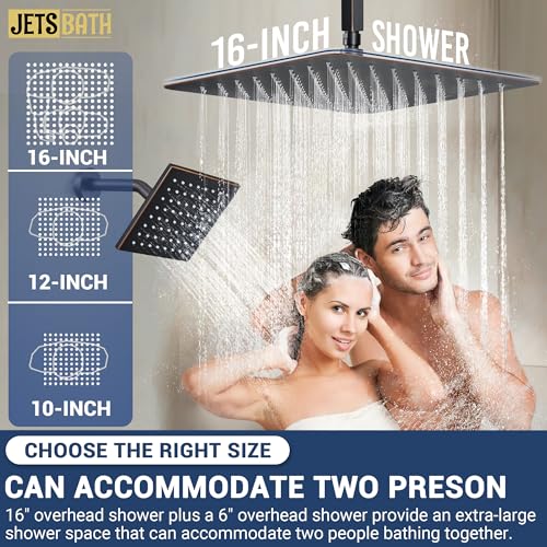 16" Thermostatic Dual Rainfall Head Shower System with Handheld & Valve, 16” Ceiling Shower Faucet Set with 6-Inch Shower Head, JetsBath Oil Rubbed Bronze Full Body Shower System for Couples/2-Person - color: Oil Rubbed Bronze