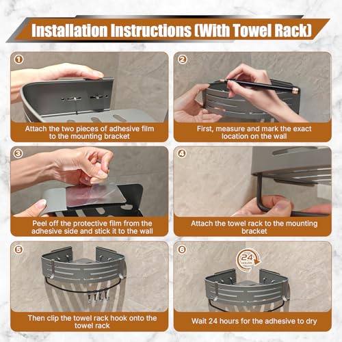 Matte Gray Corner Shower Shelf, 1-Pack Aluminum Bathroom Caddy Item Highlights No Drill Adhesive & Screw Mount, Rustproof Storage Rack with Towel Hooks for Shower, Toilet & Laundry Room