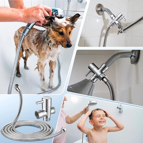 Dreyoo 3 Way Shower Head Splitter Kit, Brass G1/2 Diverter Valve with 118 Inch Stainless Steel Hose, Universal Shower Diverter for Dual Heads, Includes PTFE Tape - size: 118 in